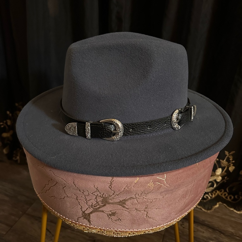 Elegant Steel Gray Women's Hat with Decorative Band